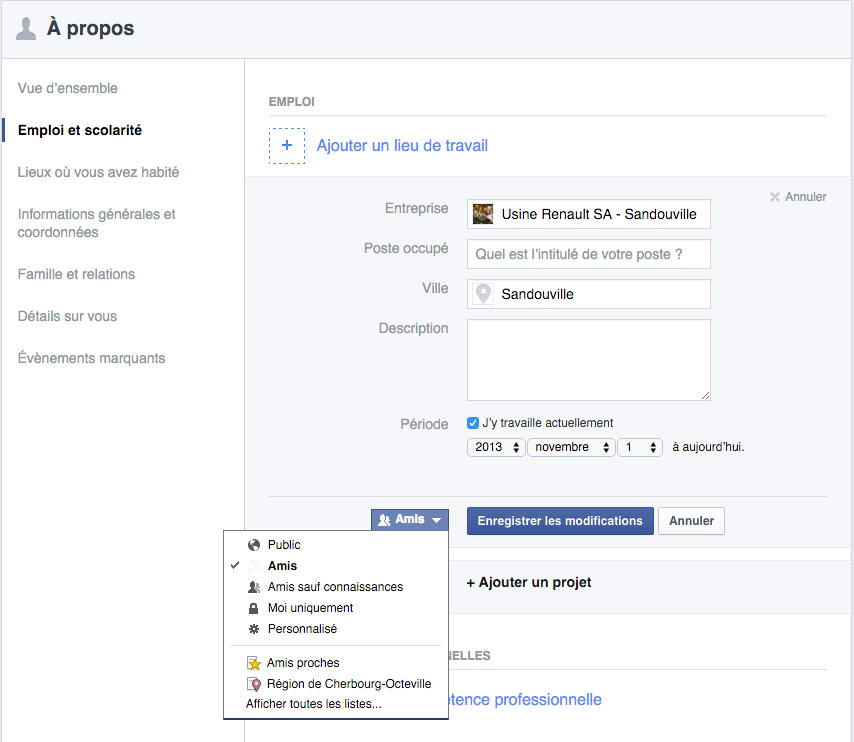 Arnaque à la webcam et section A propos de Facebook