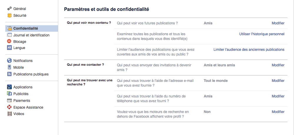 Confidentialité de votre compte Faebook