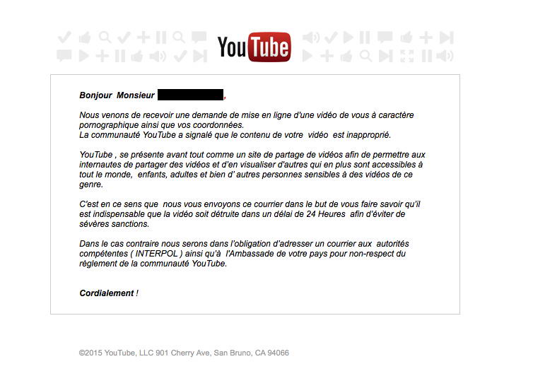 Faux mail Youtube reçu par une victime de chantage à la cam