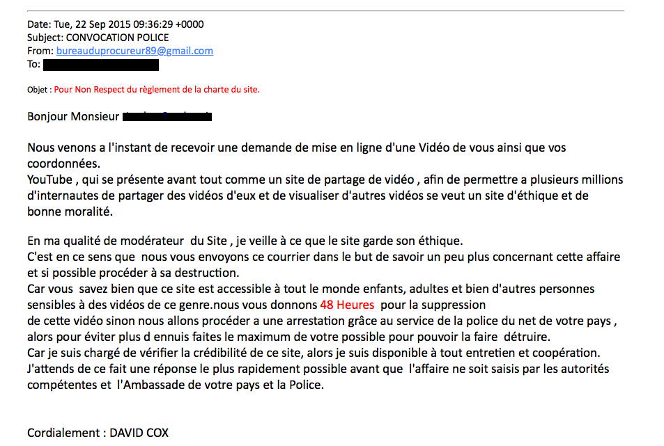 Faux mail d'un procureur dans le cadre de l'arnaque à la webcam