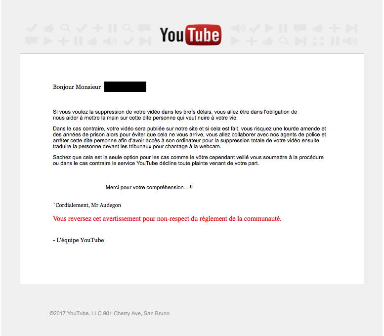 Mail Youtube suite au chantage à la webcam