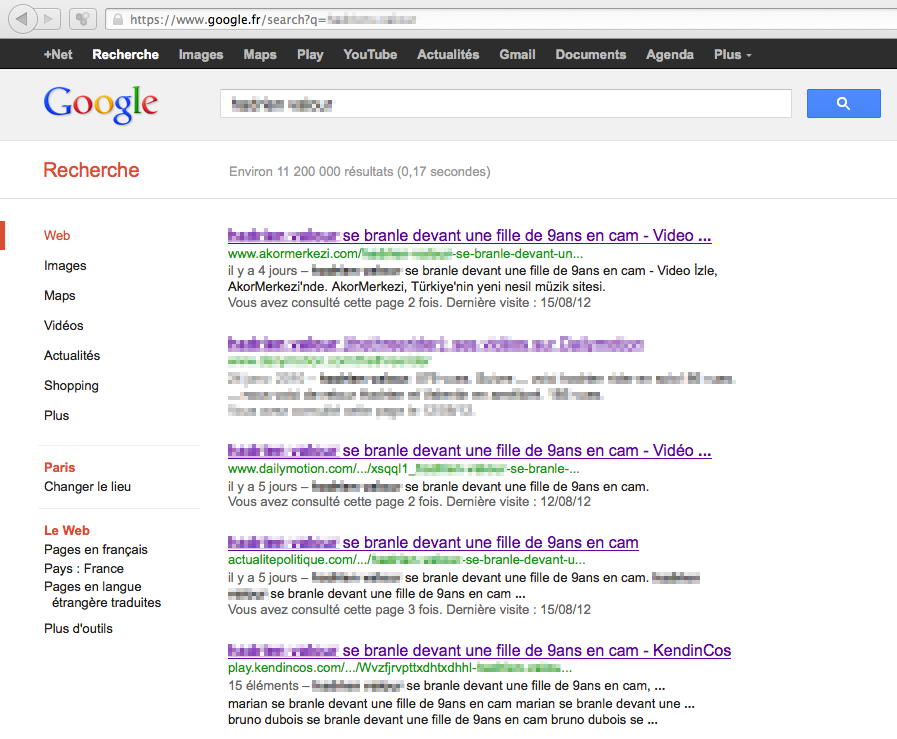 Résultats Google suite à la diffusion d'une vidéo issue d'une arnaque à la webcam